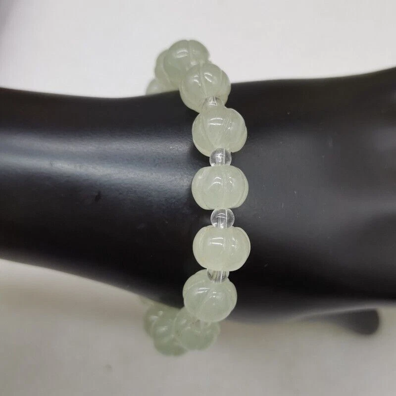 Certified 7x10mm Green &4mm White Quartzite Jade Fashion Stretch Bracelet - Image 4 of 4