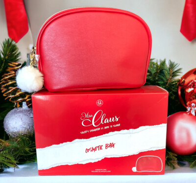bh MISS CLAUS Cosmetic Bag Red Half Moon White Puff Christmas New Makeup  Case