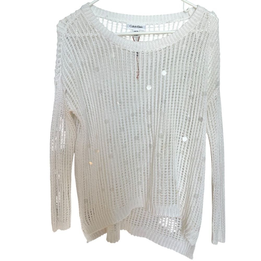 Calvin Klein Sweater Womens XS Pullover Scoop Neck Sequin Double Wrap Knit Cream