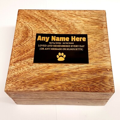 Tierurne mit schwarzem Stil Acryl Plakette Pfote Herz Hund Katze Sarg Mangoholz Urne