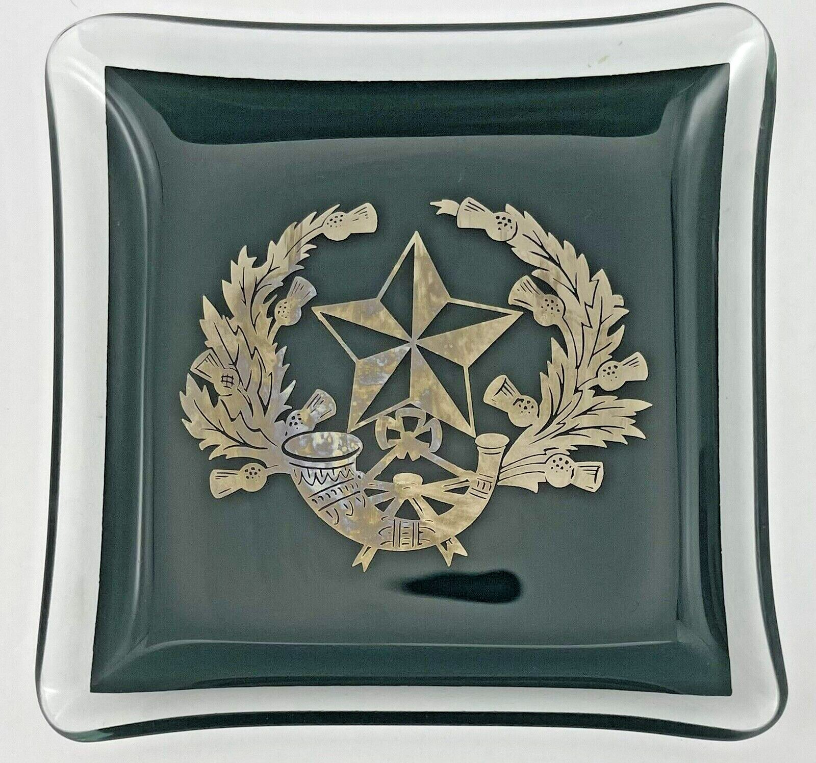 Vintage Cameronians Scottish Rifles Thistle Horn Star Glass Ashtray Green Glass