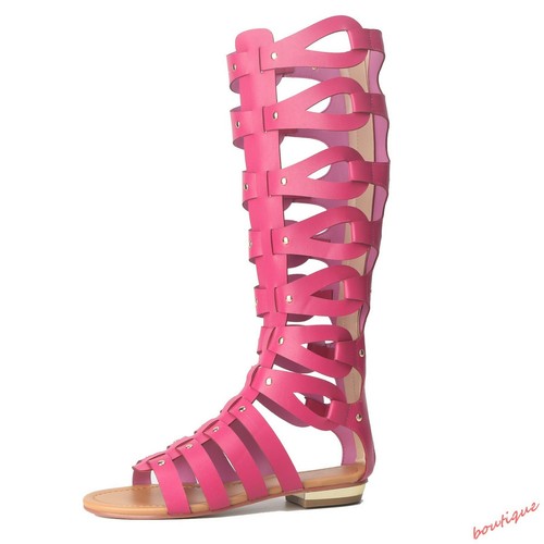 Women Gladiator Roman Hollow Out Flat Sandals Knee High Boots Open Toe Zip Shoes - Picture 16 of 19