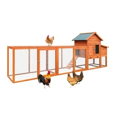 Large Wooden Chicken Coop w/ Nesting Box & Wire Fence - Outdoor Hen House
