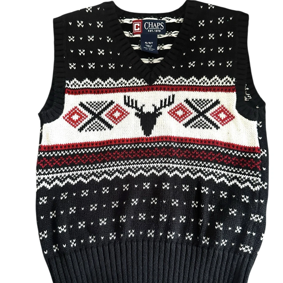 CHAPS Ralph Lauren Boys Kids Reindeer Cotton Black Pullover Sweater Vest Sz 4/4T - Image 3 of 4