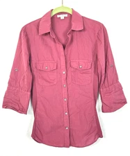 James Perse Contrast Panel Womens 2 Medium Button Up Shirt  3/4 Sleeve Roll Tab