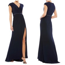 Mac Duggal NWT 67850 Faux Wrap V-Neck Cap Sleeve Gown Size 8 Navy Jewel Waist