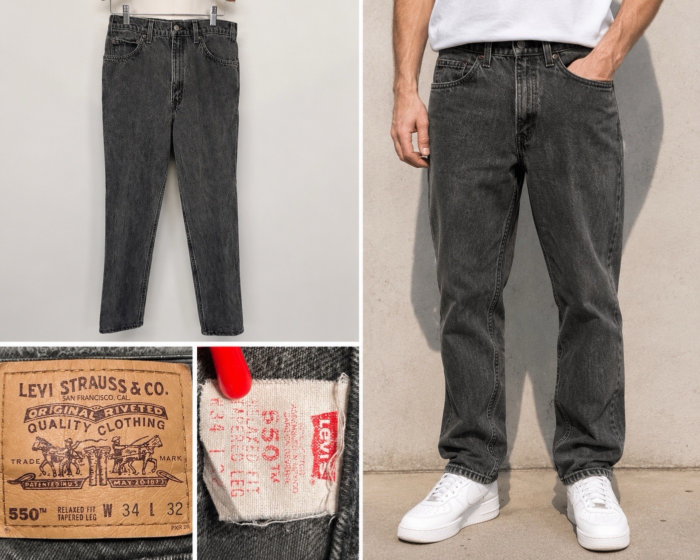 Levi Strauss Size34 (1996) 550 Washed Black Vintage Denim Jeans Orange Tab