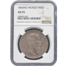 1866 Mo 1 Peso Maximilian NGC AU55 Mexican Empire KM#388