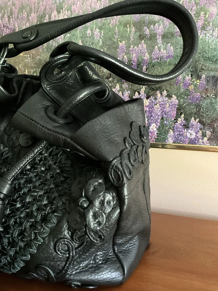 Brighton Lockheart Rosaria Woven Lambskin Black Leather Shoulder Bag EUC - Image 3 of 4