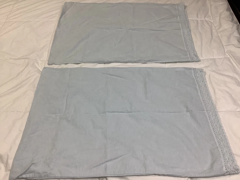 Sábana plana completa Simply Shabby Chic y 2 fundas de almohada AZUL lino algodón borde de ganchillo Foto 3 de 4