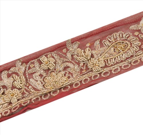 Sanskriti Vintage Saree Border Hand Beaded Craft Zari Trims 1 Yard Ribbon Maroon - Picture 4 of 8