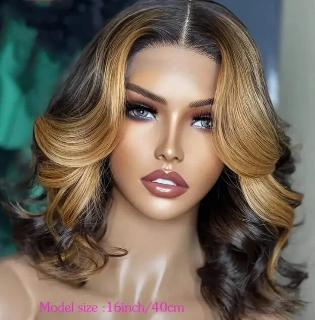 Peluca frontal de encaje ondulada corporal ombre rubia miel de 12 pulgadas - Peluca Bob cabello humano  Foto 4 de 4