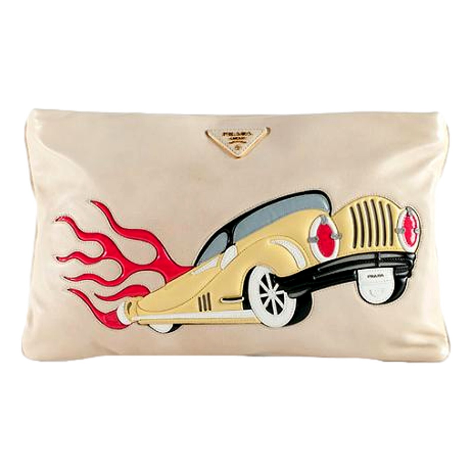 Bolso de mano de cuero blanco con apliques de coche Prada 'Hot Rod Culture'