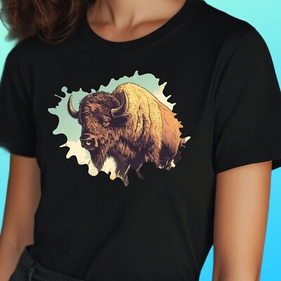 Frauen T-Shirt Handgezeichneter Bison Motiv Baumwolle Größe S bis 3XL