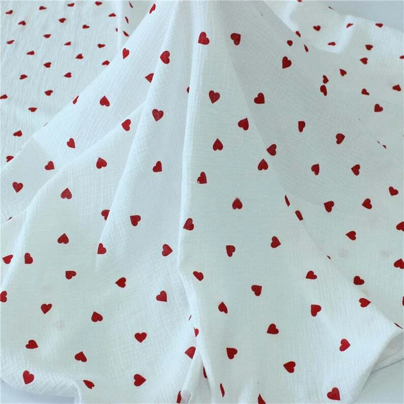 Red Hearts Prints Double Gauze Muslin Fabric 100% Cotton Dress Materials By Yard - Image 2 of 4