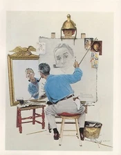 Norman Rockwell 1977 Vintage "Triple SELF-Portrait" Mini Poster Color Lithograph