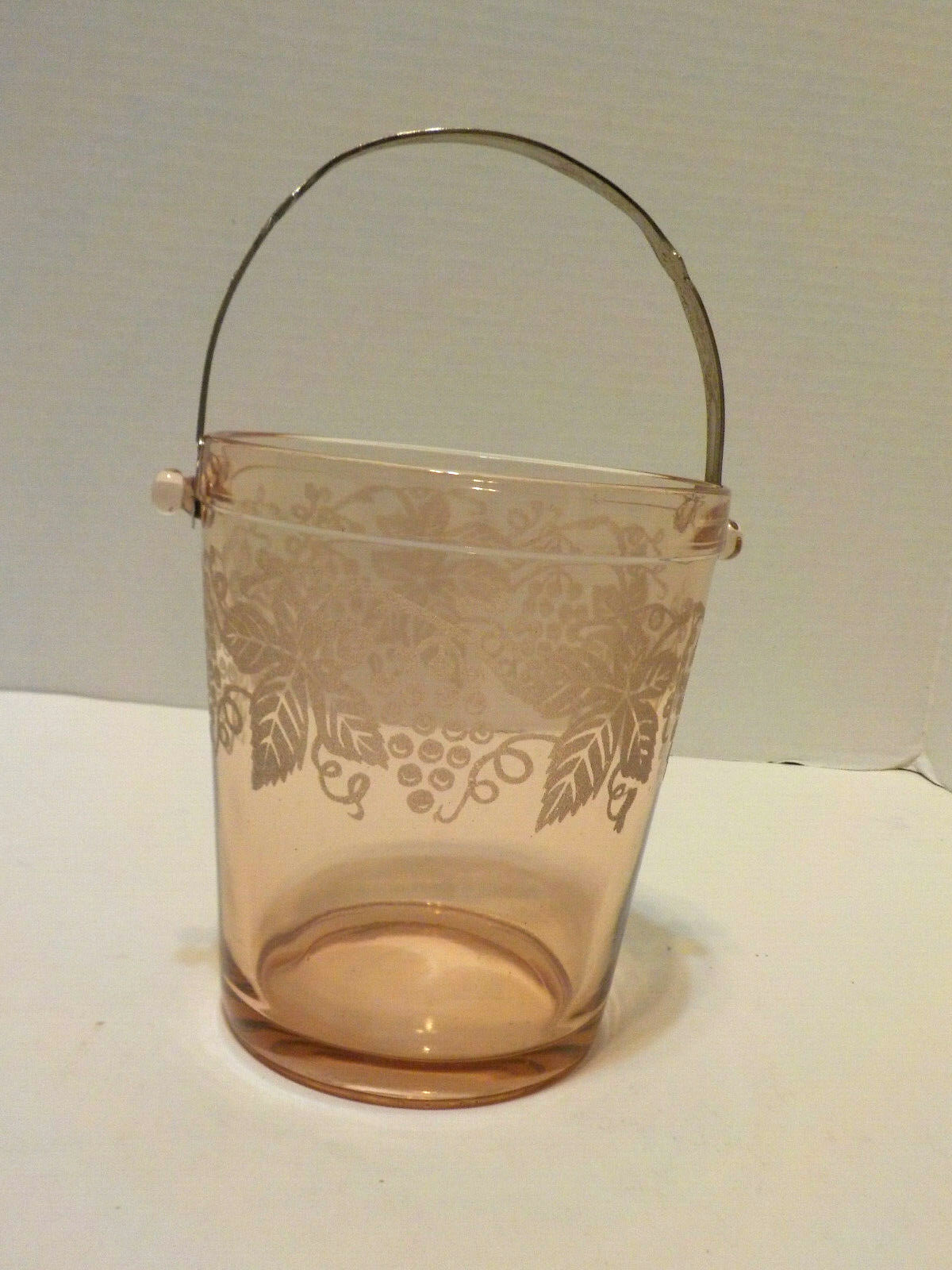 Antique Pink Depression Glass Ice Bucket w/ Metal Handle w/ Etched
