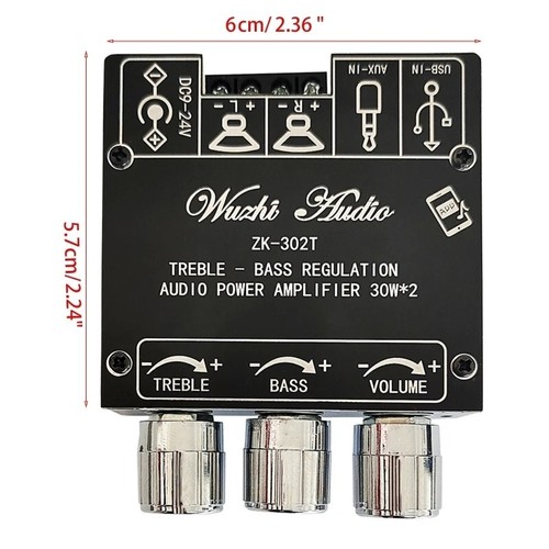 ZK-302T 30W×2 Bluetooth 5.2 Audio Amplifier Board: Tone Controls, Aux + USB in - Picture 3 of 7