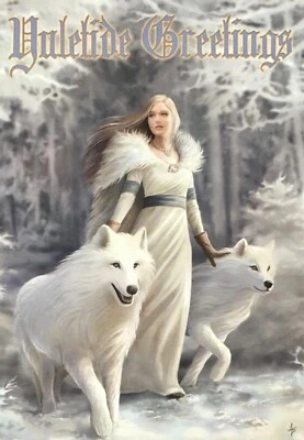 Ann Stokes ~ Winter Guardians Pagan Wicca Yule Christmas Card White Wolves AN48