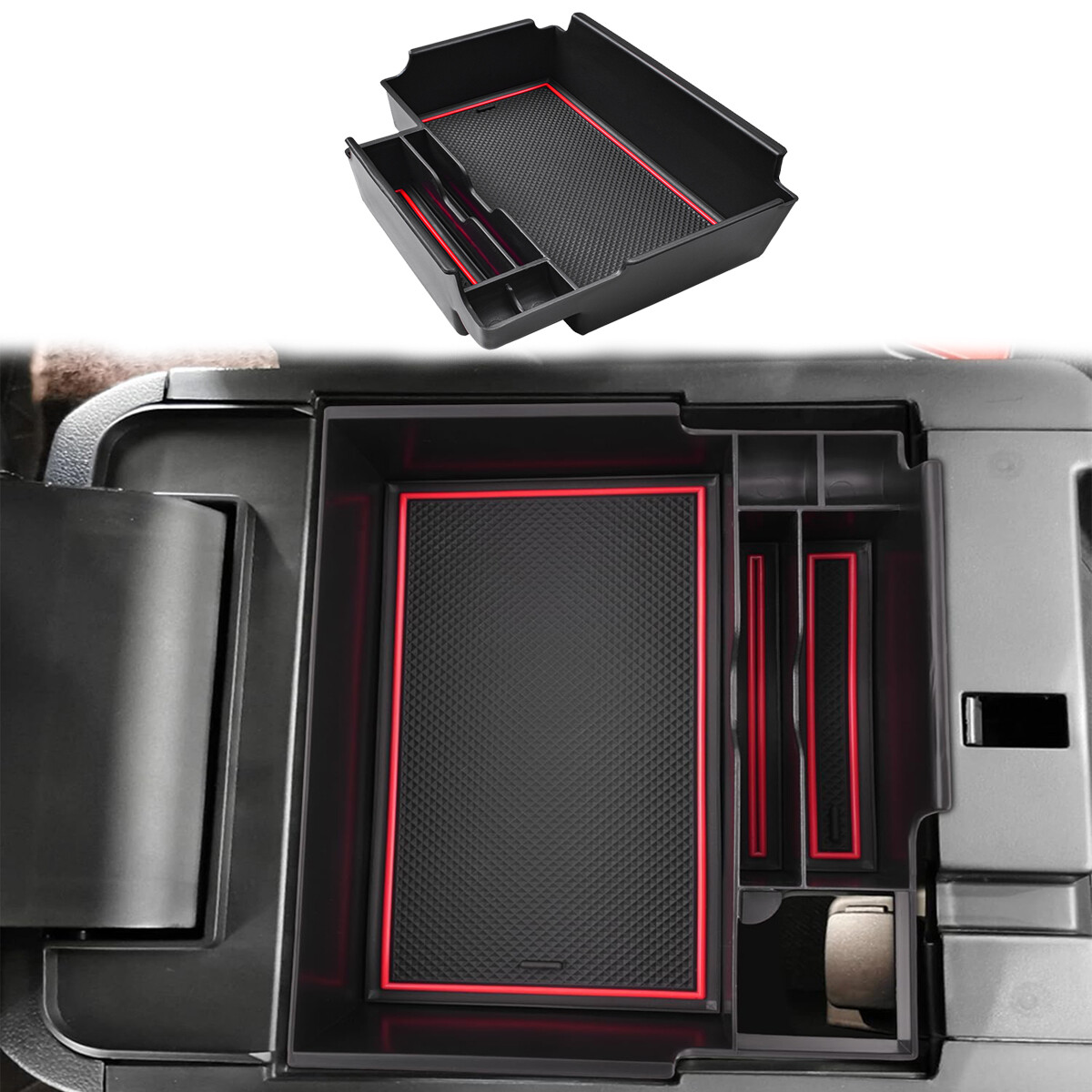 Car Armrest Storage Box Center Console Organizer Black For Ford F-150 2021-2025