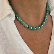 Blueish Green Barrel Bead Arizona Turquoise Necklace, 8mm Artisan Jewelry Choker