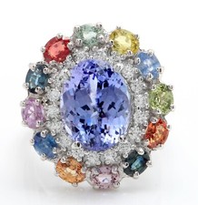 8.75 Carat Natural Tanzanite Sapphires and Diamonds in 14K Solid White Gold Ring