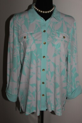 ISLAND REPUBLIC Mint Green White Floral Liquid Button Blouse Sz L Long Slve Top
