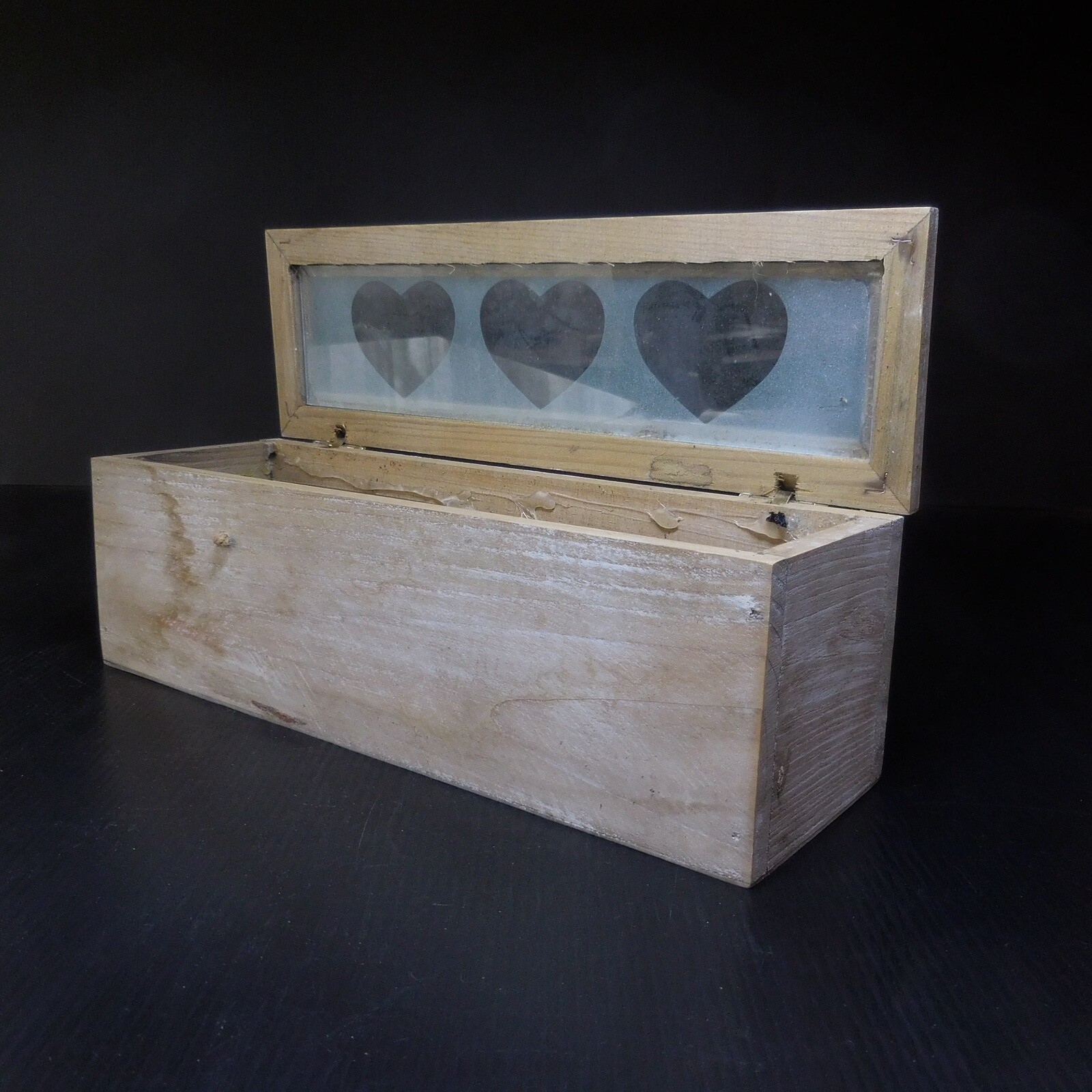 N9088 Vintage Art Deco Heart Display Case Box Wood Glass Brass Handmade