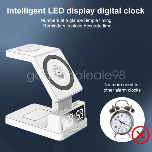 5 in 1 Wireless Charger Fast Charging Dock Alarm Clock for iPhone iWatch AirPods - Zdjęcie 8 z 26