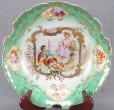 Victoria Austria Watteau Scene Green  Raised Gold 10 1/2 Inch Bowl C.1891-1918