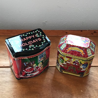 Lot of 2 M&M s 1997 Fire Engine Happy Holidays Metal Tin Candy Container   one 