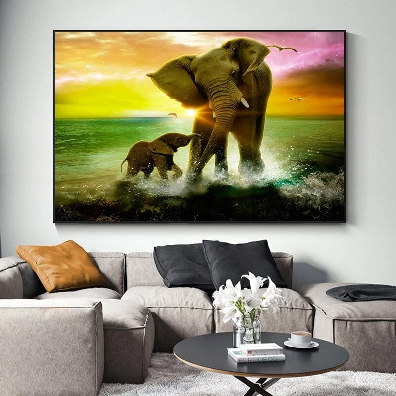 Arte animal família elefante pintura em tela pôster tela arte parede imagens - Imagem 4 de 4
