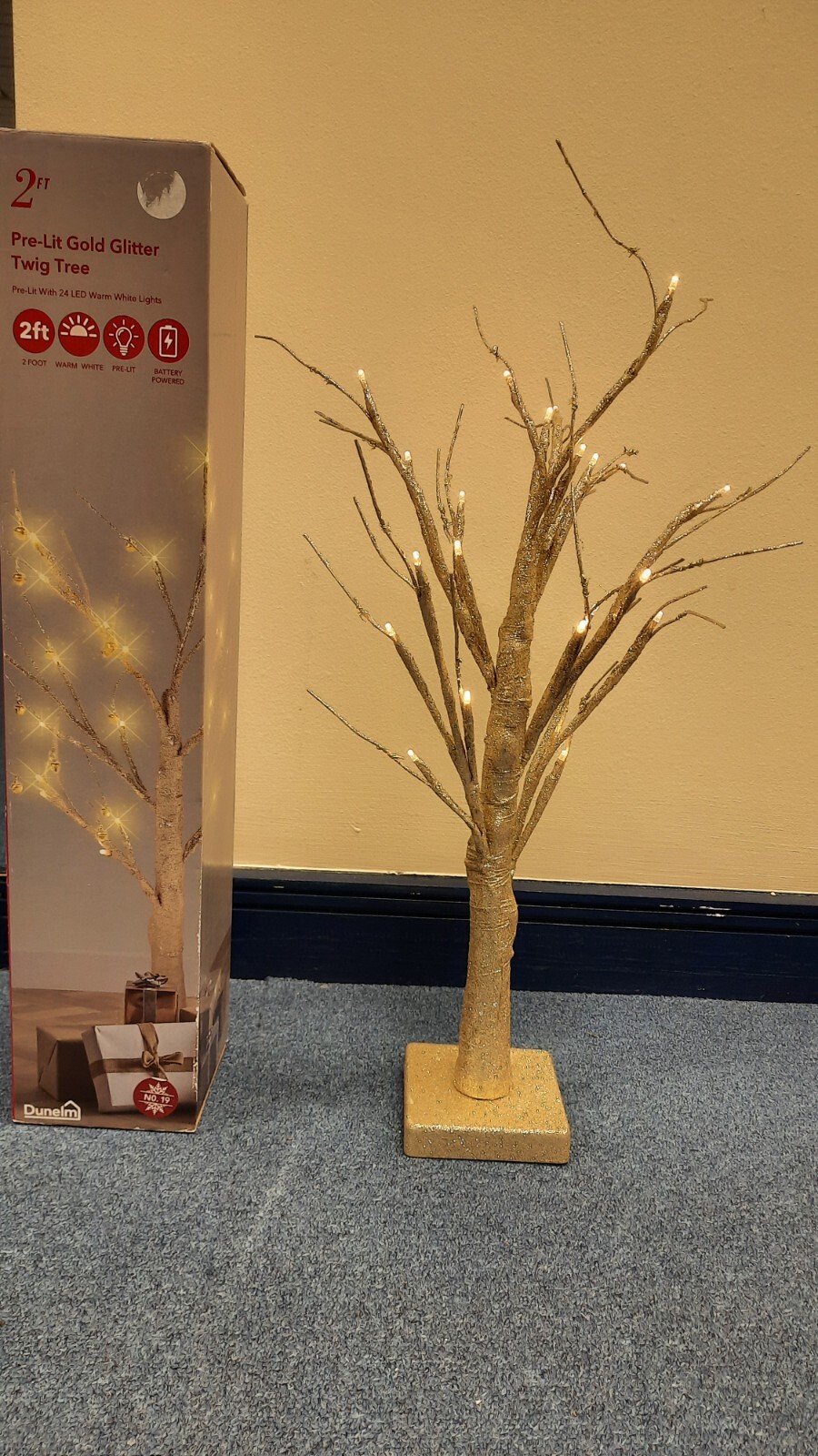 Dunelm 2ft Gold Twig Pre Lit Warm White LED Lights Modern Minimal Christmas Tree eBay