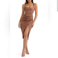 House of CB Bianca Brown Satin Pleated Corset Midi Dress Size XS