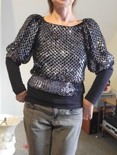 Vintage Black Silver Sequins Top Puffy Sleeves Big Shoulders Disco Era