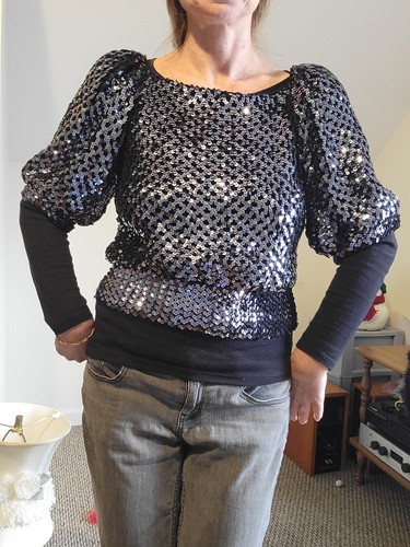 Vintage Black Silver Sequins Top Puffy Sleeves Big Shoulders Disco Era