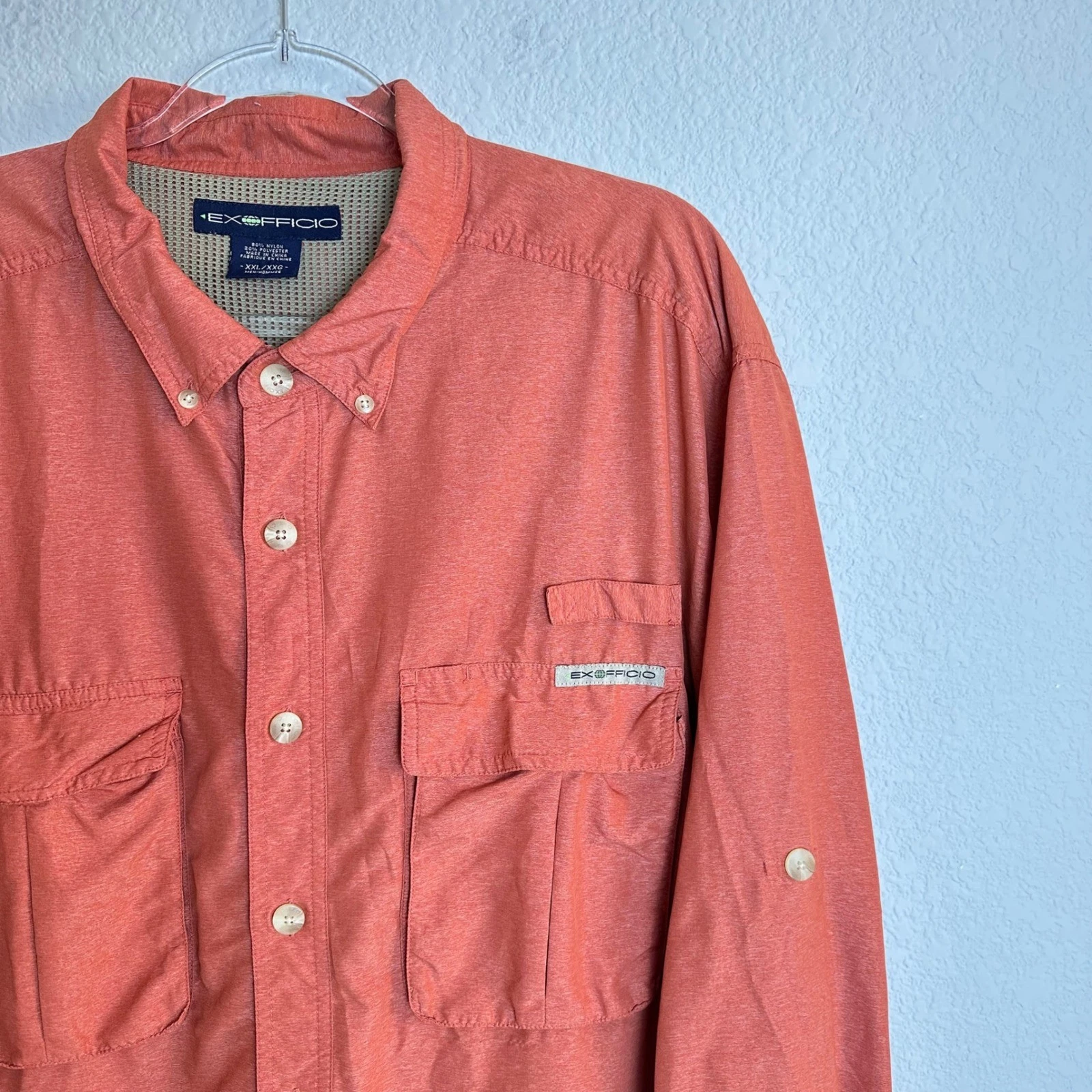 ExOfficio Mens XXL Burnt Orange Vented Long Sleeve Fishing Hiking Shirt Roll Tab