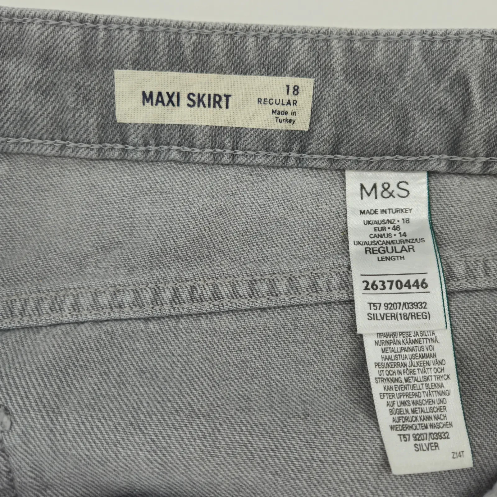 M&S Womens Metallic Silver Denim Maxi Skirt UK 18 Regular Foil Coated Split image 4