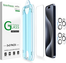 Amfilm Onetouch 2+2 Pack Compatible with Iphone 15 Pro Max Screen Protector 6.7"