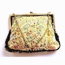 Vintage 1920s Petit Point Floral Evening Bag Black Needlepoint Purse Art Deco