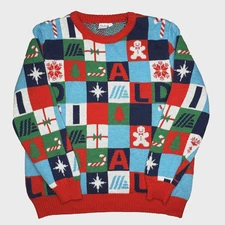 Aldi Gear Sweater Mens Large Christmas Ugly Holiday Patchwork Knit Red Green