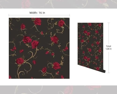 Papel Pintado Gótico Pelar y Pegar - Diseño Floral Rosa Roja, 16"x128", Decoración del Hogar Foto 4 de 4