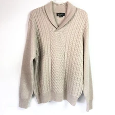 St Croix Mens XL Fisherman Sweater Shawl Collar Beige Wool Cable Knit USA Made
