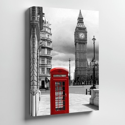 Red London Telephone Booth And Big Ben Black And White Canvas Wall Art Print
