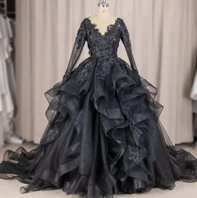 charcoal grey wedding dress Contoured Mermaid Off Shoulder Long Sleeves Bride Tulle Appliues google_shopping_nz