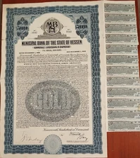 Germany 1925 State Hessen 500 Dollar Gold Bond Loan Anleihe Stock Certificate