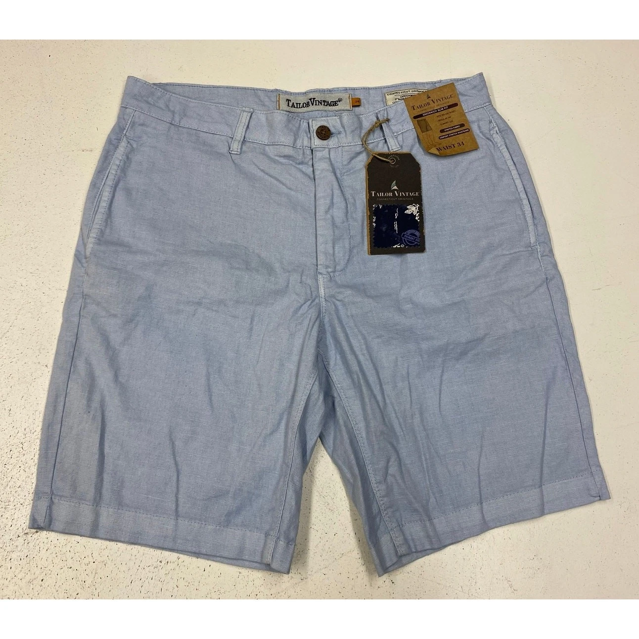 NEW Tailor Vintage Greenwich 9" Inseam Slim Fit linen blend chino shorts, 34