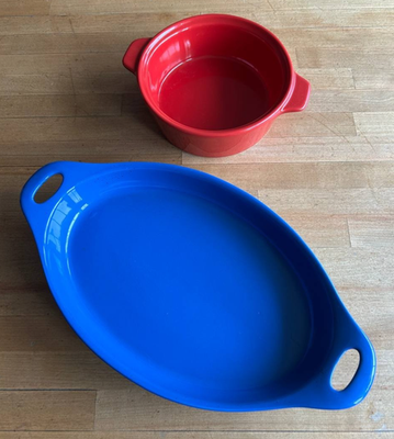Vintage CorningWare Creations Stoneware Set - Blue Oval 24oz & Red
