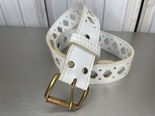 Cutout Vintage Belt White Faux Leather Boho Western Brass Buckle Size 38 Unisex
