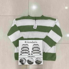 Rilendaris Green and white striped sweater, casual knit base layer